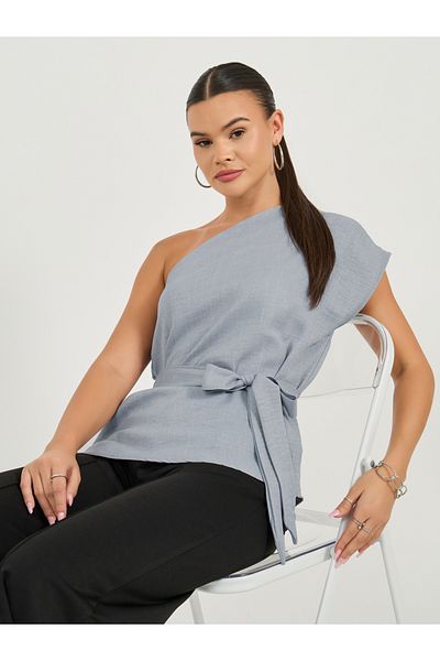Styli Solid One Shoulder Top with Waist Belt Detail