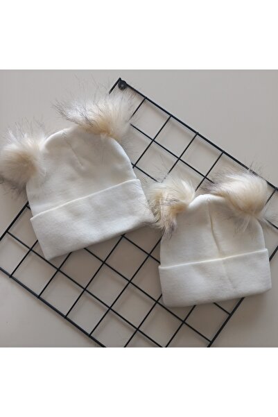 MARS BABY الأم والطفلة والطفلة 2 قطعة كريم مزدوج بوم بوم تريكو قبعة صغيرة