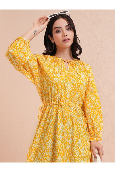 Tokyo Talkies By Styli Floral Print Balloon Sleeve Midi Dress with Ruched Waist Detail