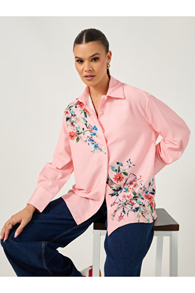 Styli Long Sleeve Oversized Floral Printed Collared Shirt