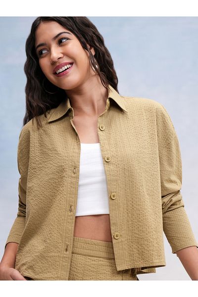 Tokyo Talkies By Styli Textured Spread Collar Cotton Regular Fit Shirt