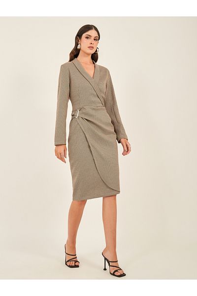 Styli Houndstooth Wrap Blazer Knee Length Dress with Buckle Detail