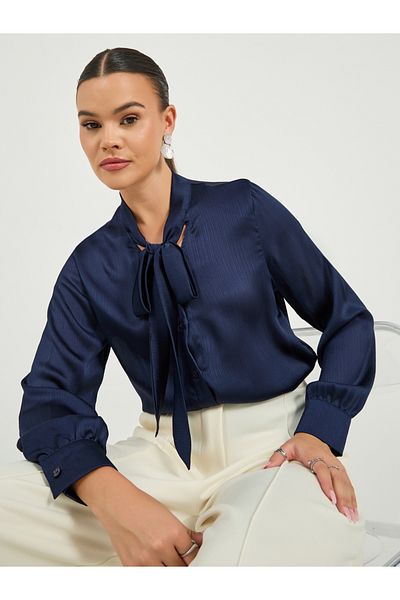 Styli Textured Regular Fit Blouse with Tie Neck Detail