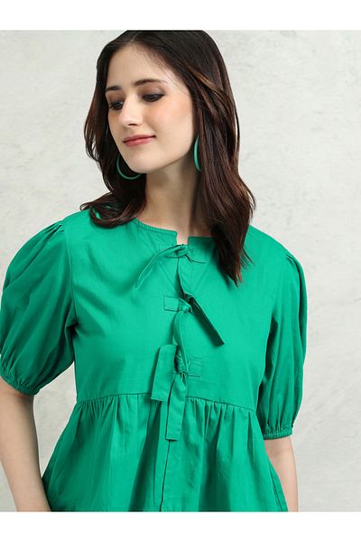 Tokyo Talkies By Styli Solid Puff Sleeve Top with Tie-Up Detail