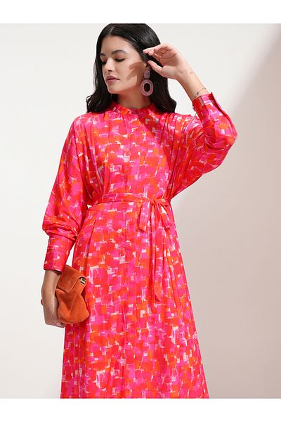 Tokyo Talkies By Styli All-Over Print Balloon Sleeve A-Line Midi Dress with Belt Detail