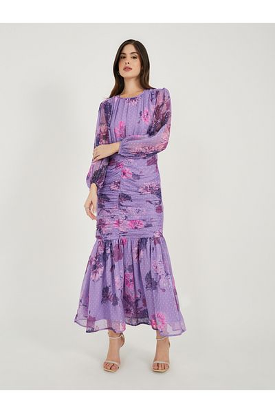 Styli All Over Floral Print Doppy Balloon Sleeves Mermaid Hem Maxi Dress
