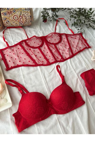 MAYA LİNGERİE Red Corset Bustier and Lingerie Set Fancy Clothing