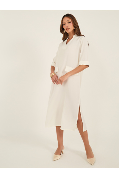 Luxewave By Styli Solid V-Neck Side Slit Midi Dress with Pockets Details