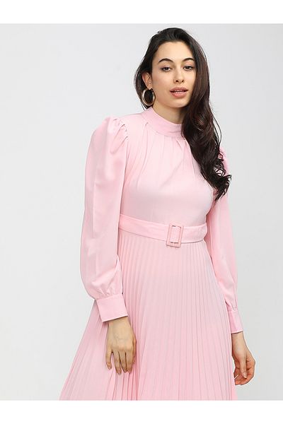 Tokyo Talkies By Styli High Neck Pleated Mini Dress with Waist Belt Detail