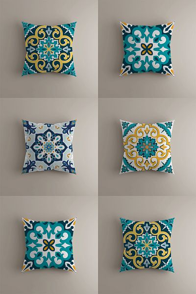LadiesHome Set of Ottomans and Mediterranean Patterned Swallow Cases 43X43 cm
