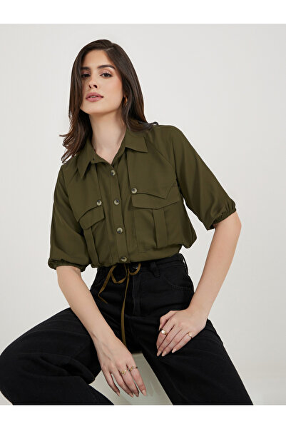 Styli قميص قصير بأكمام منفوخة مع جيوب وتفاصيل رباط