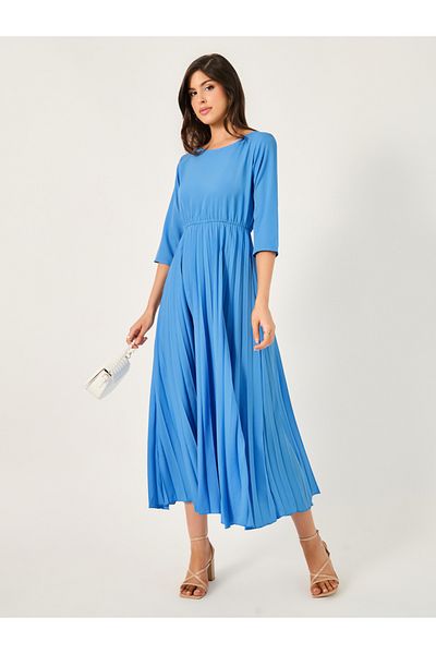 Styli Solid Accordion Pleated A-Line Midi Dress