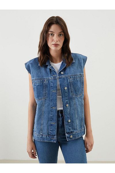 LC Waikiki Vestă de jeans pentru femei LCW Vision Shirt Collar