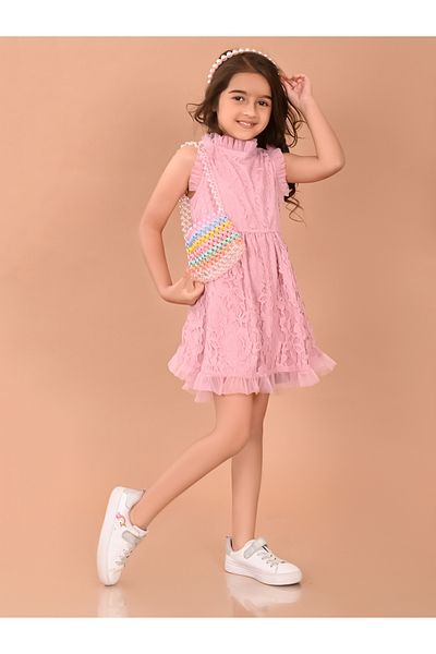 LilPicks By Styli Ruffle Trim All Over Lace Fit and Flare Dress