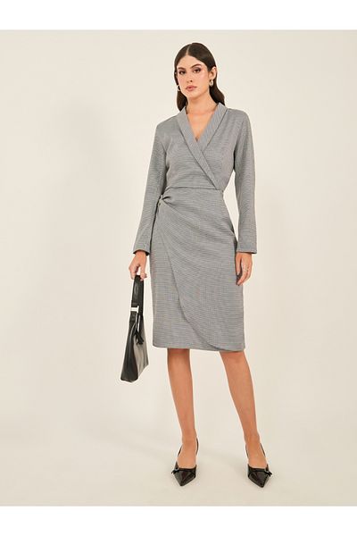 Styli Houndstooth Wrap Blazer Knee Length Dress with Buckle Detail