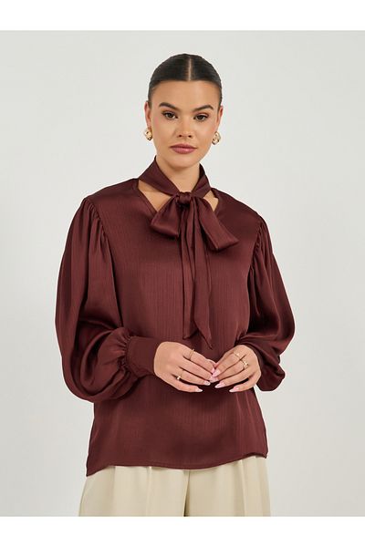 Styli Satin Balloon Sleeve Blouse with Tie Up Neck Detail