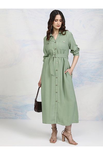 Tokyo Talkies By Styli Solid Pocket Detail Shirt Collar A-Line Midi Dress