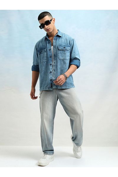 Highlander By Styli Regular Fit Faded Denim Shirt with Pockets