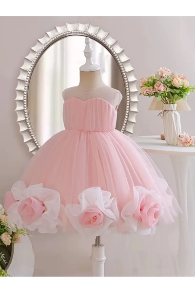 Modakido Pembe-Beyaz Şifon Güllerle Süslenmiş, Özel Gün/1 Yaş Doğum Günü Abiyesi Kız Çocuk/Kız Bebek