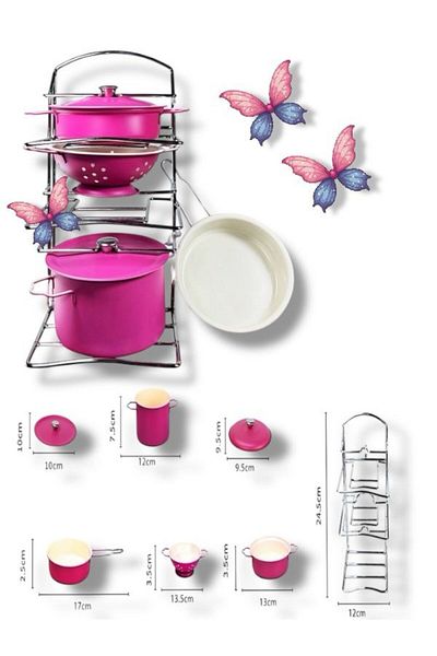 SAZE Atf-683G-6 7-Piece Pink Enamel Cookware Pots and Pans Set with Racks Educational Kitchen Set