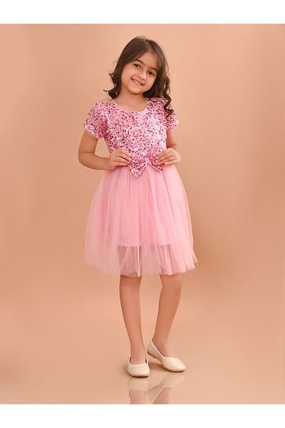 LilPicks By Styli Sequin Bow Detail Mesh Tulle Dress