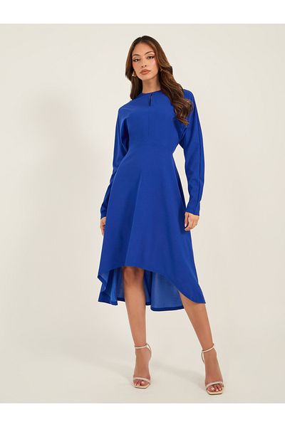 Luxewave By Styli Solid Round Neck Asymmetric Hem Midi Dress