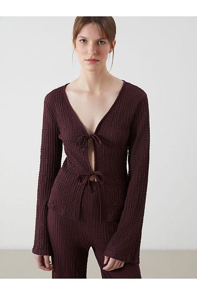 LC Waikiki Lcwaikiki Women's Classic Plum V-Neck Textured Cardigan
