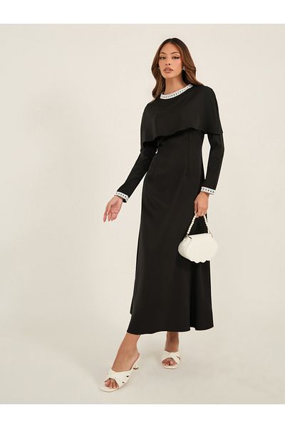 Luxewave By Styli Solid Lace Trim Cape Sleeve Fishtail Hem Maxi Dress
