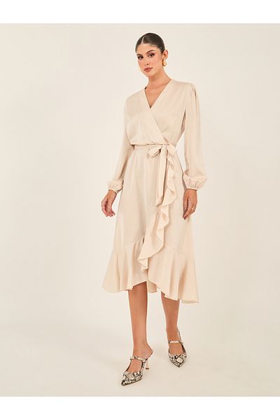 Styli Solid Balloon Sleeve Wrap Midi Dress with Ruffle Details
