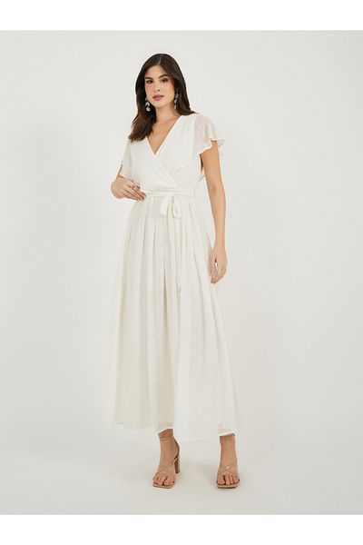 Styli Dobby Frill Sleeves A-Line Maxi Dress with Waist Tie Detail