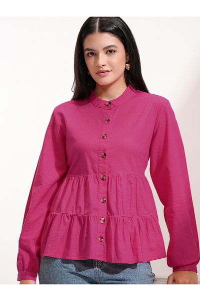 Tokyo Talkies By Styli Mandarin Collar Cotton Tiered Top