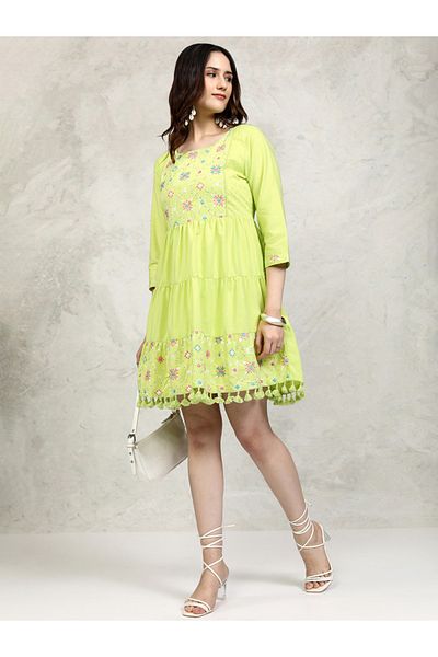 Vishudh By Styli Embroidered Panel Pompom Detail A-Line Mini Dress