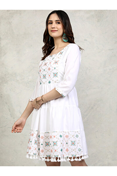 Vishudh By Styli Floral Embroidered Fit and Flare Mini Dress with Tassel Detail