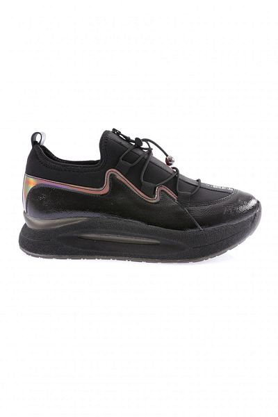 DGN Women's Thick Sole Text Detailed Rubber String Sneakers Shoes Black 9432692