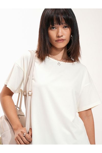 Tokyo Talkies By Styli Solid Regular Fit T-Shirt with Dropped Shoulder