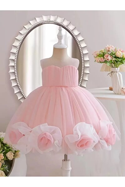 Modakido Pembe-Beyaz Şifon Güllerle Süslenmiş, Özel Gün/1 Yaş Doğum Günü Abiyesi Kız Çocuk/Kız Bebek