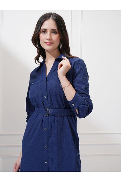Tokyo Talkies By Styli Textured Shirt Midi Dress with Waist Belt