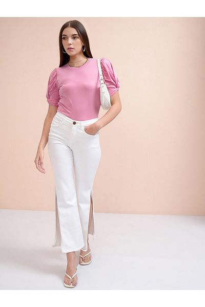 Tokyo Talkies By Styli Solid Regular Fit Puff Sleeves T-Shirt