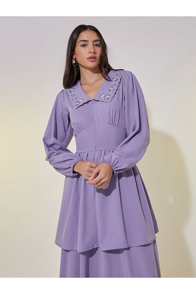 Take Two By Styli Embroidered Long Sleeve Maxi Dress with Corset Detail