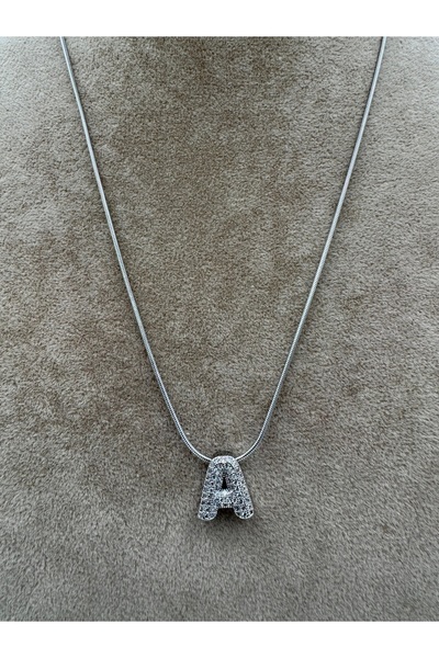 simplicist Taşlı Minimal A Harf Çelik Kolye 40-5 Cm