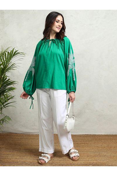Tokyo Talkies By Styli Floral Print Balloon Sleeve Top with Tie-Up Neck