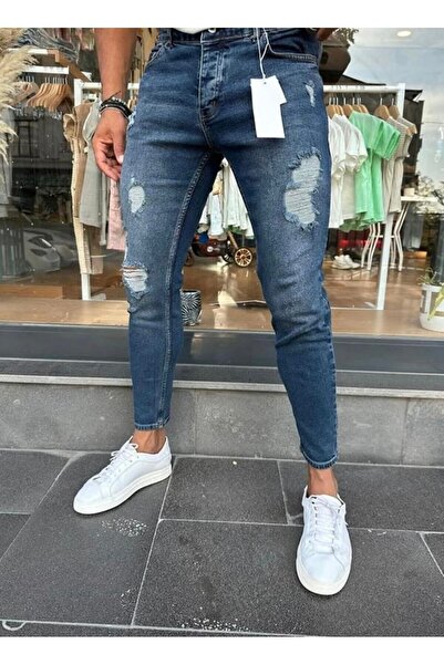 BY İMPALA MODA Ανδρικό Slimfit Ripped Model Blue Jeans