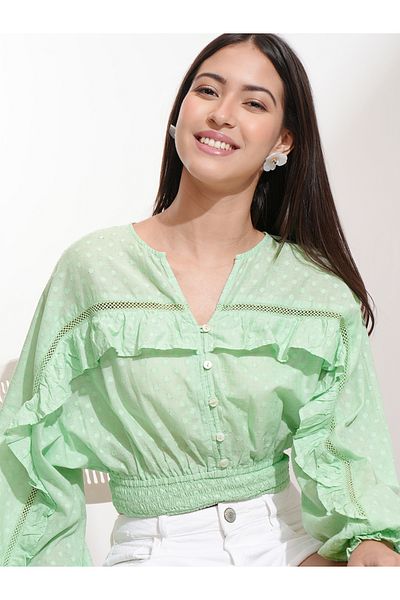 Tokyo Talkies By Styli Dobby Batwing Sleeve Ruffle Detail Crop Top