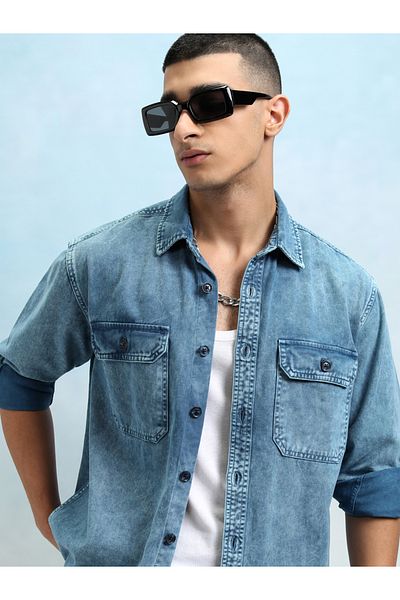 Highlander By Styli Regular Fit Faded Denim Shirt with Pockets