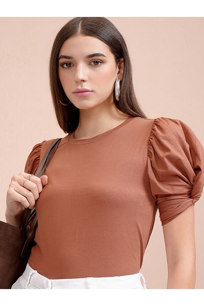 Tokyo Talkies By Styli Solid Puff Sleeves Slim Fit T-Shirt