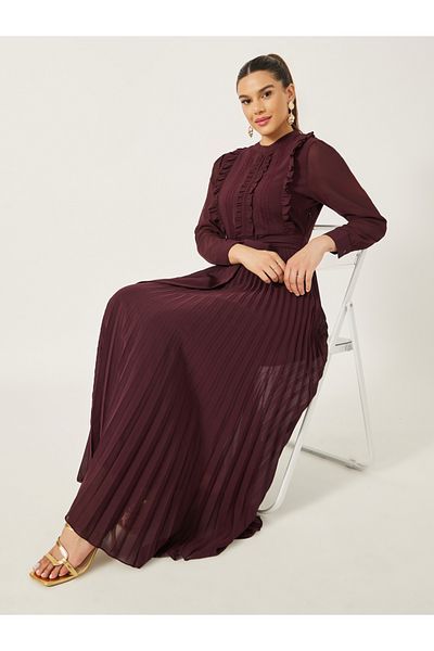 Styli Pleated Ruffle Detail A-Line Maxi Dress