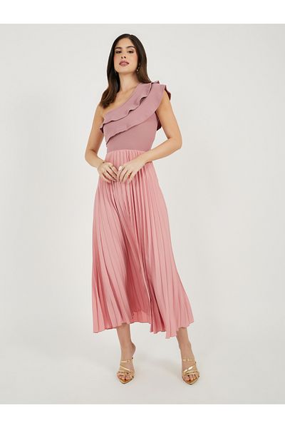 Styli Pleated Detail Ruffled One Shoulder Maxi Dress