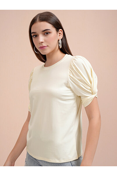 Tokyo Talkies By Styli Solid Puff Sleeves Slim Fit T-Shirt