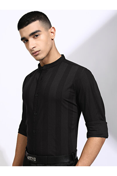 Highlander By Styli Striped Regular Fit Mandarin Collar Shirt