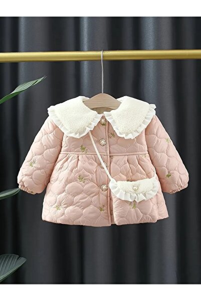 Modakido *İkili Kombin* Çiçek Nakışlı Kapitone, Polar Yaka, Çantalı, Pembe Mo...